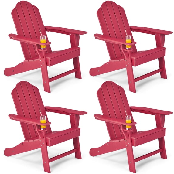 Costway 4 PCS Patio Adirondack Chair Weather Resistant Garden Deck with Cup Holder Red