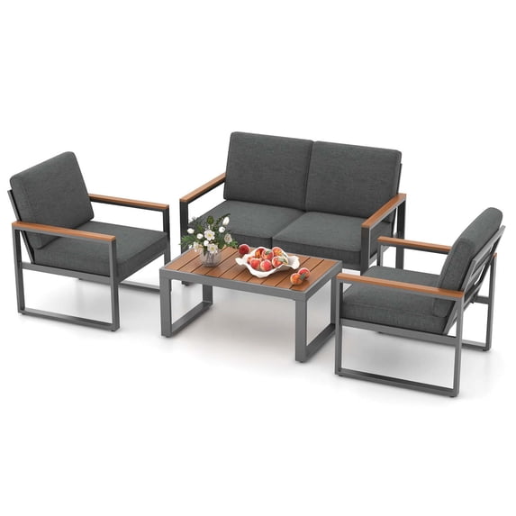 Costway 4 PCS Patio Aluminum Furniture Set Wood-Plastic Armrests & Tabletop for Balcony