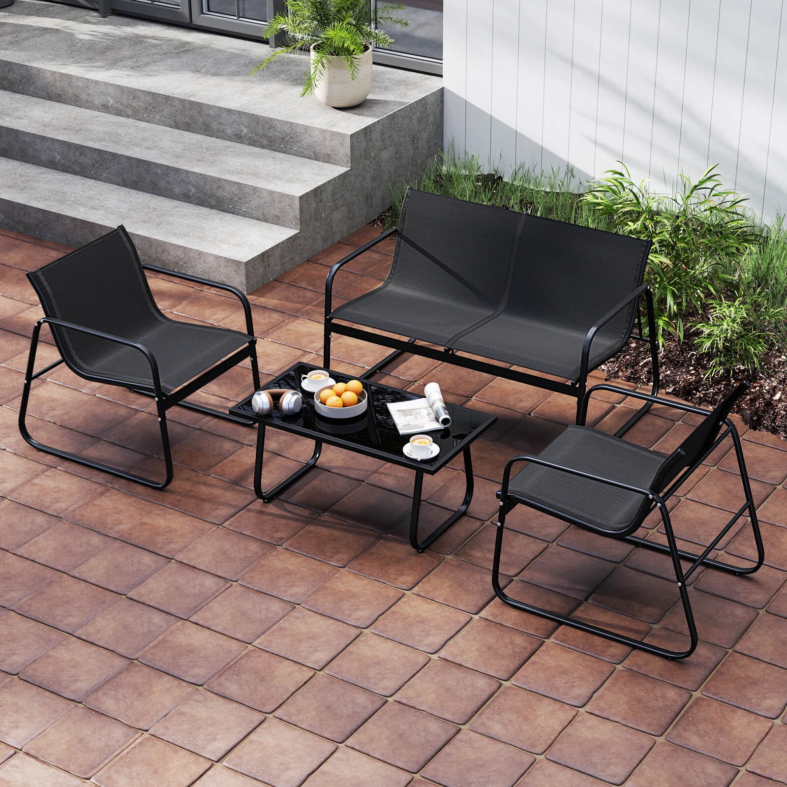 Costway 4 PCS Patio Furniture Set Fabric Lawn Chairs and Loveseat with  Coffee Table