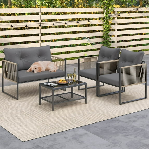 Costway 4 PCS Patio Furniture Set PE Rattan Conversation Sofa Set with Thick Cushions