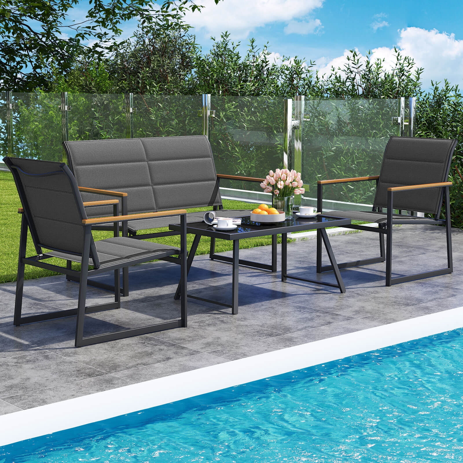 Costway 4 PCS Patio Furniture Set with Padded Fabric Seat & Wood-Plastic Armrests Table
