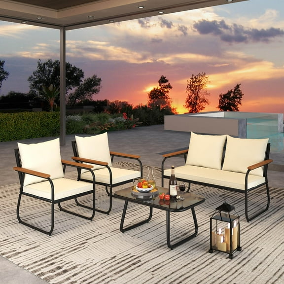 Costway 4 PCS Patio Furniture Set with Tempered Glass Coffee Table PE Wicker Rattan Chairs