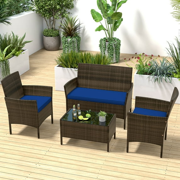 Costway 4 PCS Patio Furniture Set with Washable Cushions and Tempered Glass Coffee Table Navy