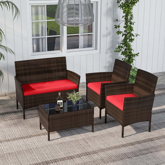 Costway 4 PCS Patio Furniture Set with Washable Cushions and Tempered Glass Coffee Table Red