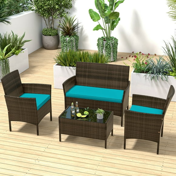 Costway 4 PCS Patio Furniture Set with Washable Cushions and Tempered Glass Coffee Table Turquoise
