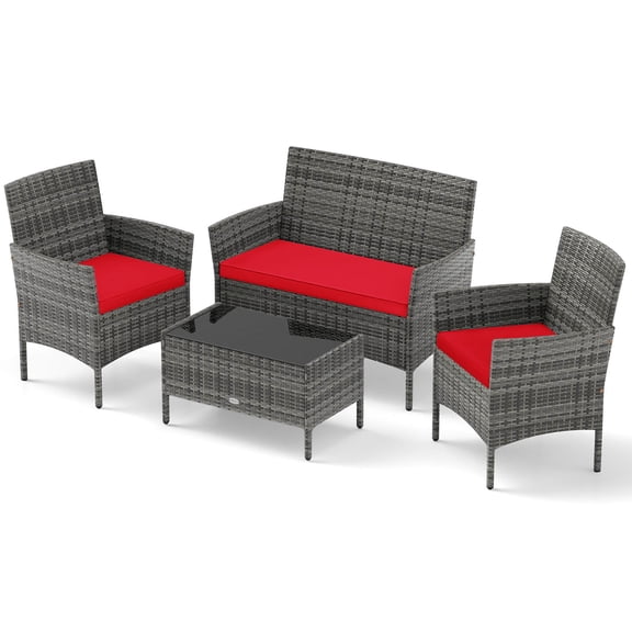 Costway 4 PCS Patio Furniture Set with Washable Cushions and Tempered Glass Coffee Table