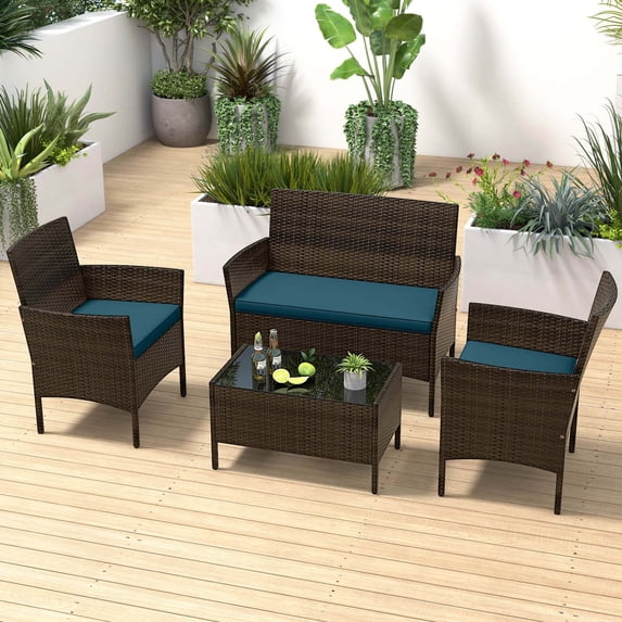 Costway 4 PCS Patio Furniture Set withWashable Cushions and Tempered Glass Coffee Table Blue