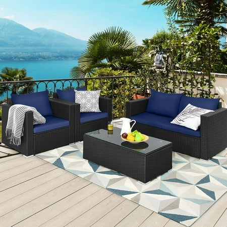 Costway 4 PCS Patio Rattan Furniture Set Cushioned Sofa Chair Coffee Table - Black,Blue