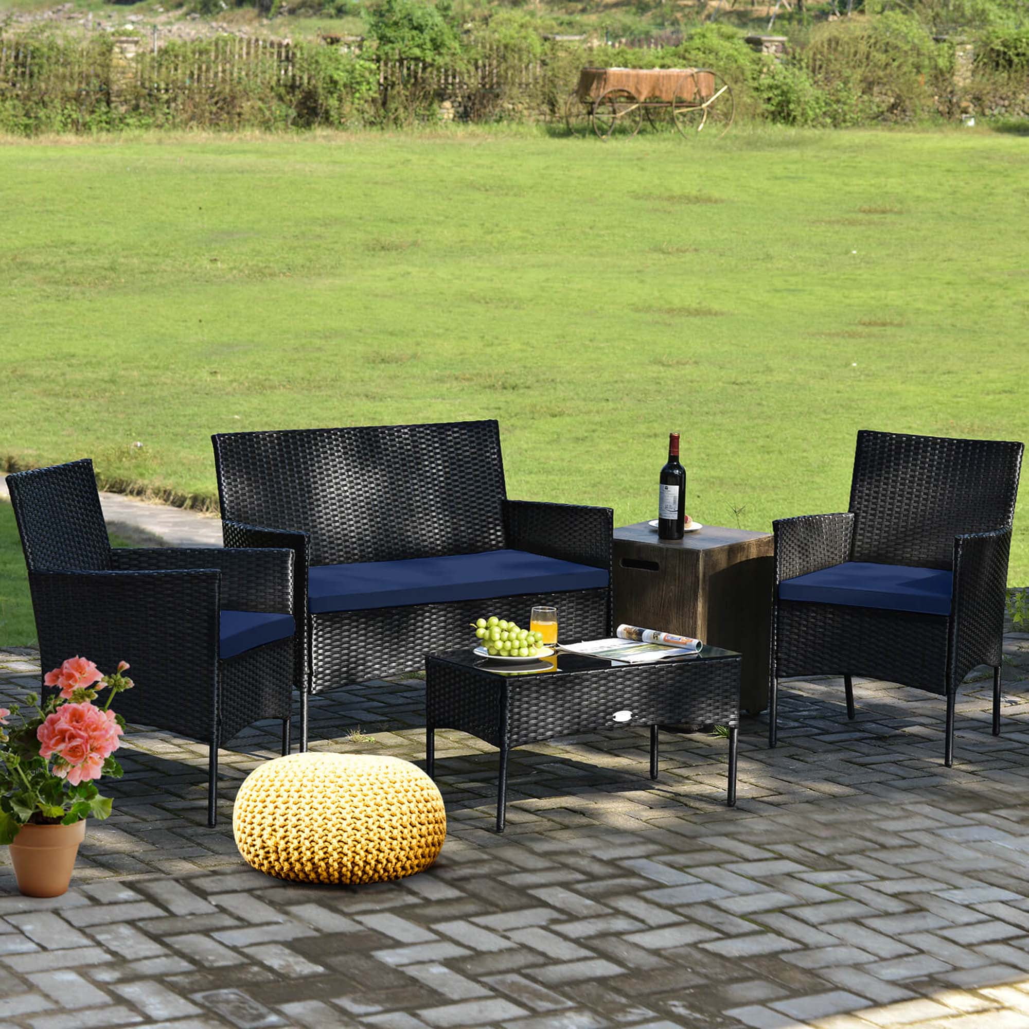 Costway 4 PCS Patio Rattan Furniture Set Cushioned Sofa Coffee Table Backyard Porch Navy