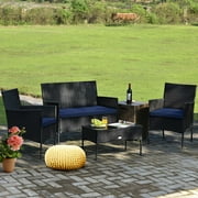 Costway 4 PCS Patio Rattan Furniture Set Cushioned Sofa Coffee Table Backyard Porch Navy