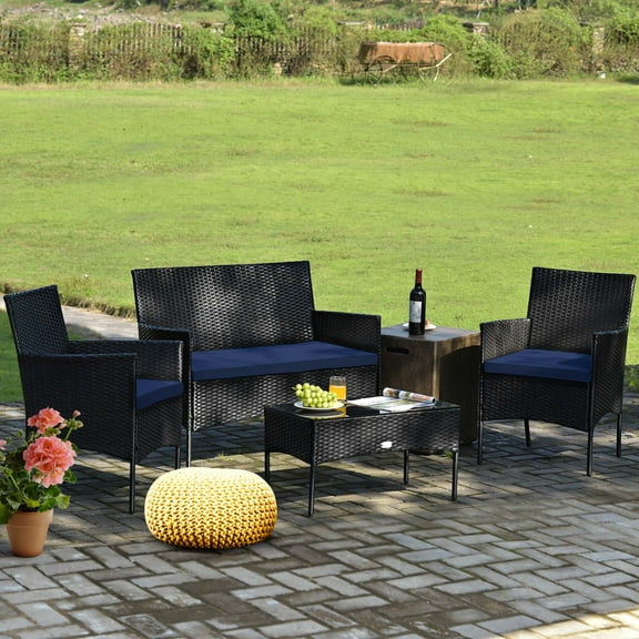 Costway 4 PCS Patio Rattan Furniture Set Cushioned Sofa Coffee Table Backyard Porch Navy