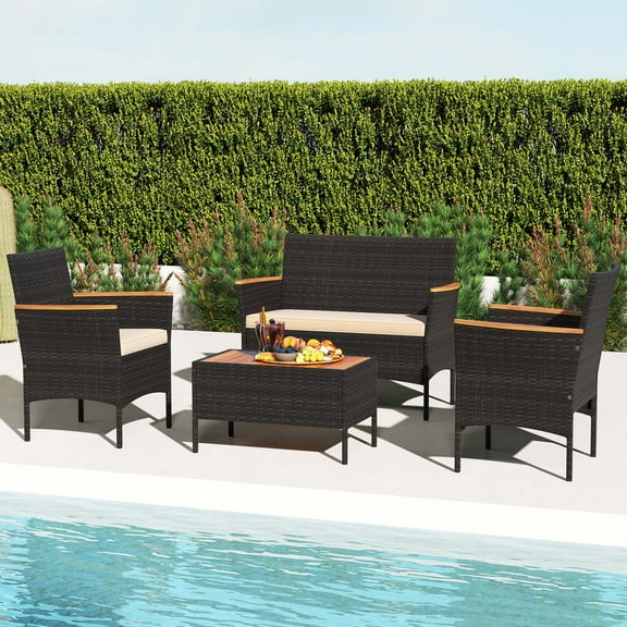 Costway 4 PCS Patio Wicker Sofa Set with Coffee Table Acacia Wood Armrests & Tabletop Mix Brown/Brown