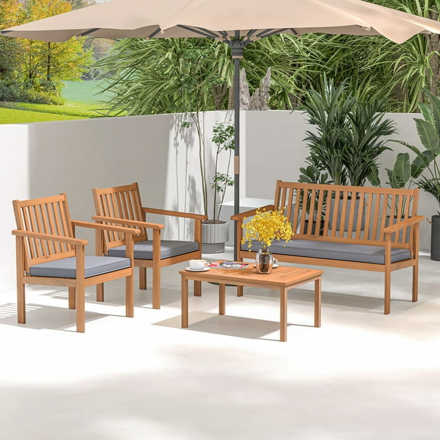 Costway 4 PCS Patio Wood Furniture Set with Loveseat, 2 Chairs & Coffee Table for Porch Grey