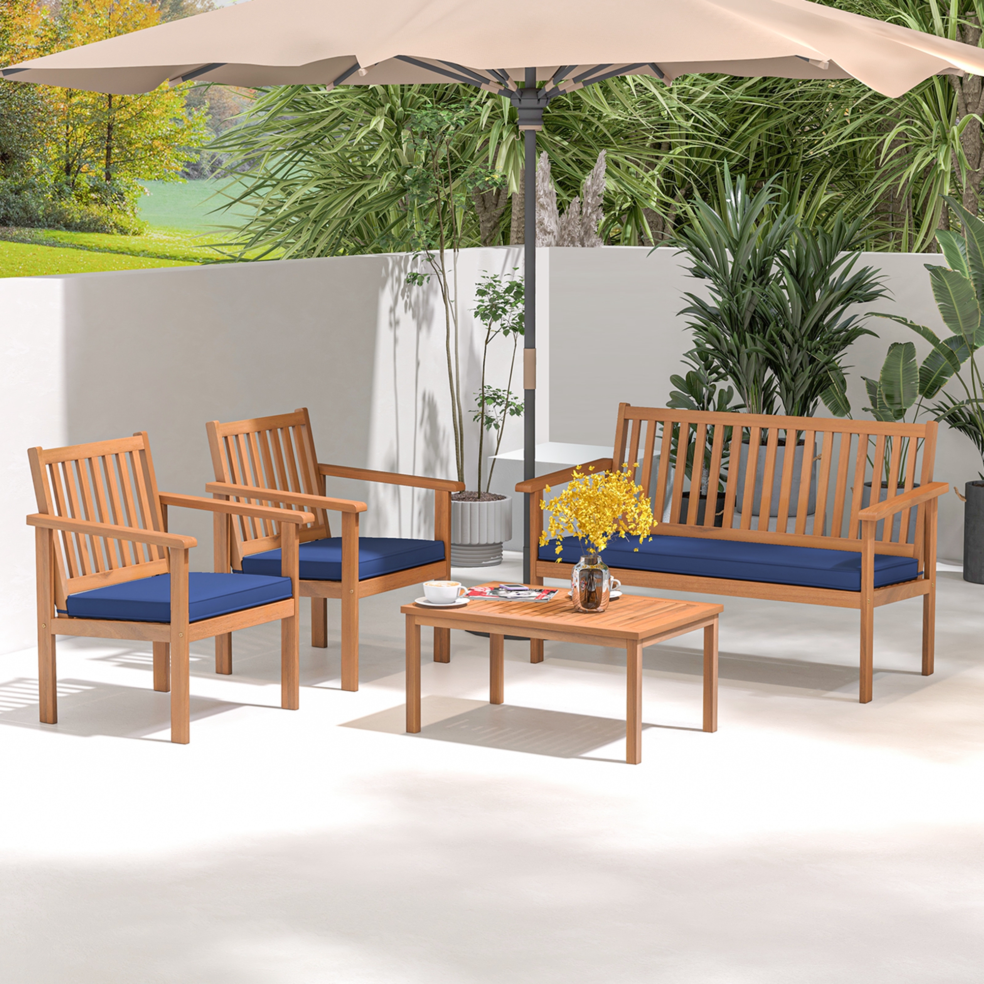 Costway 4 PCS Patio Wood Furniture Set with Loveseat, 2 Chairs & Coffee Table for Porch Navy - image 1 of 10