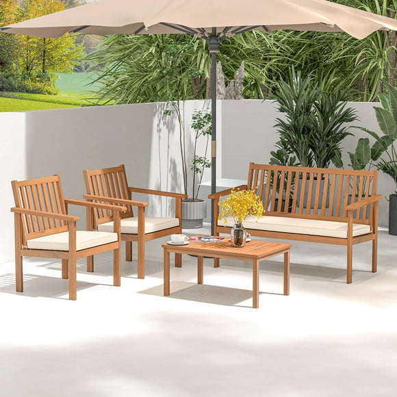 Costway 4 PCS Patio Wood Furniture Set with Loveseat, 2 Chairs & Coffee Table for Porch White