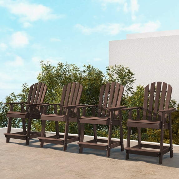 Costway 4 PCS Tall Bar Stool HDPE Patio Chair with Armrest Footrest Home Indoor Outdoor Brown
