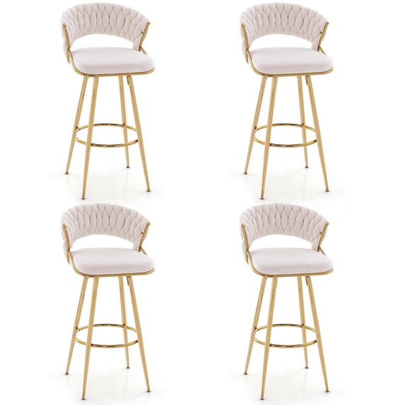 Costway 4 PCS Velvet Bar Stool 29" Bar Height Stools with Woven Backrest & Gold Metal Legs Beige