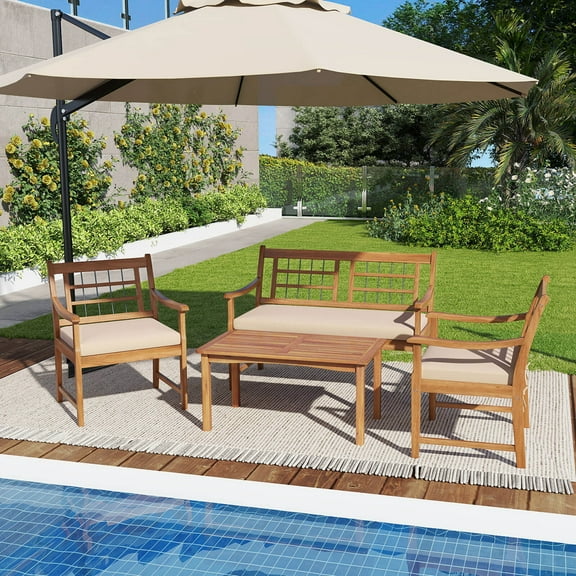 Costway 4 PCS Wood Patio Furniture Set with Soft Seat Cushions Solid Acacia Wood Frame Off White