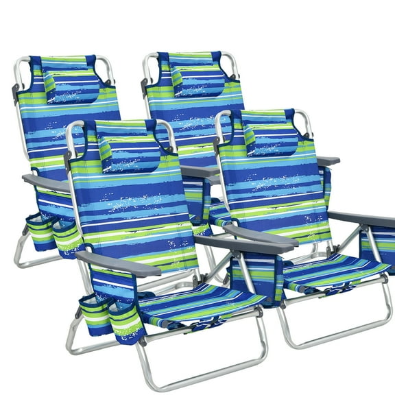 Costway 4-Pack Folding Backpack Beach Chair 5-Position Outdoor Reclining Chairs with Pillow Blue