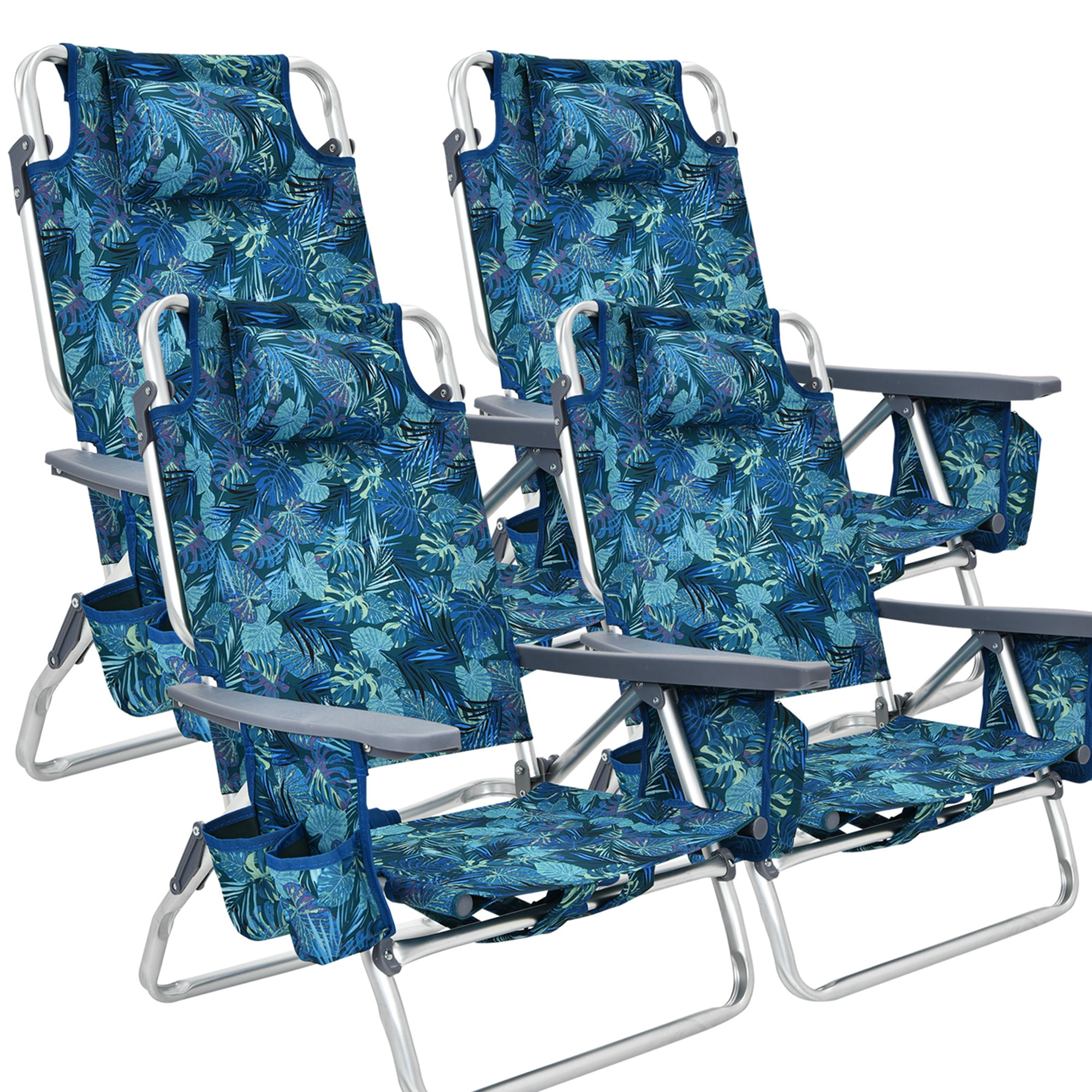 4-Pack Dark Blue Floral Aluminum Folding Camping Chairs with Cushions