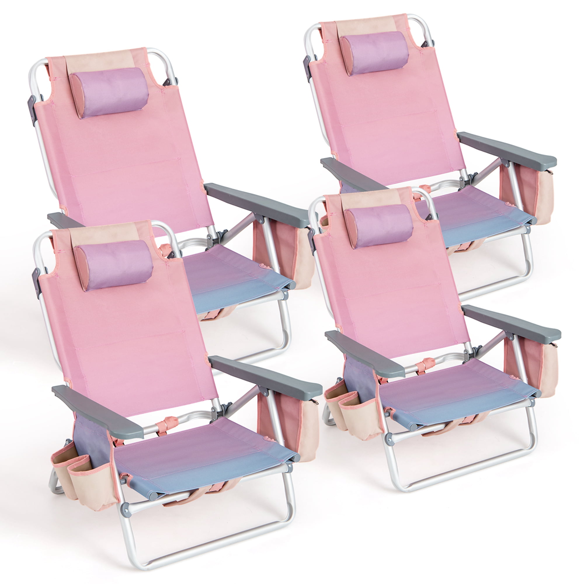 Pink Folding Aluminum Beach Lounger Set with Storage Bag