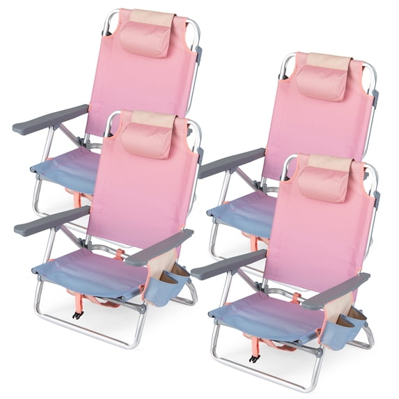 Costway 4-Pack Folding Backpack Beach Chair 5-Position Outdoor Reclining Chairs with Pillow Pink