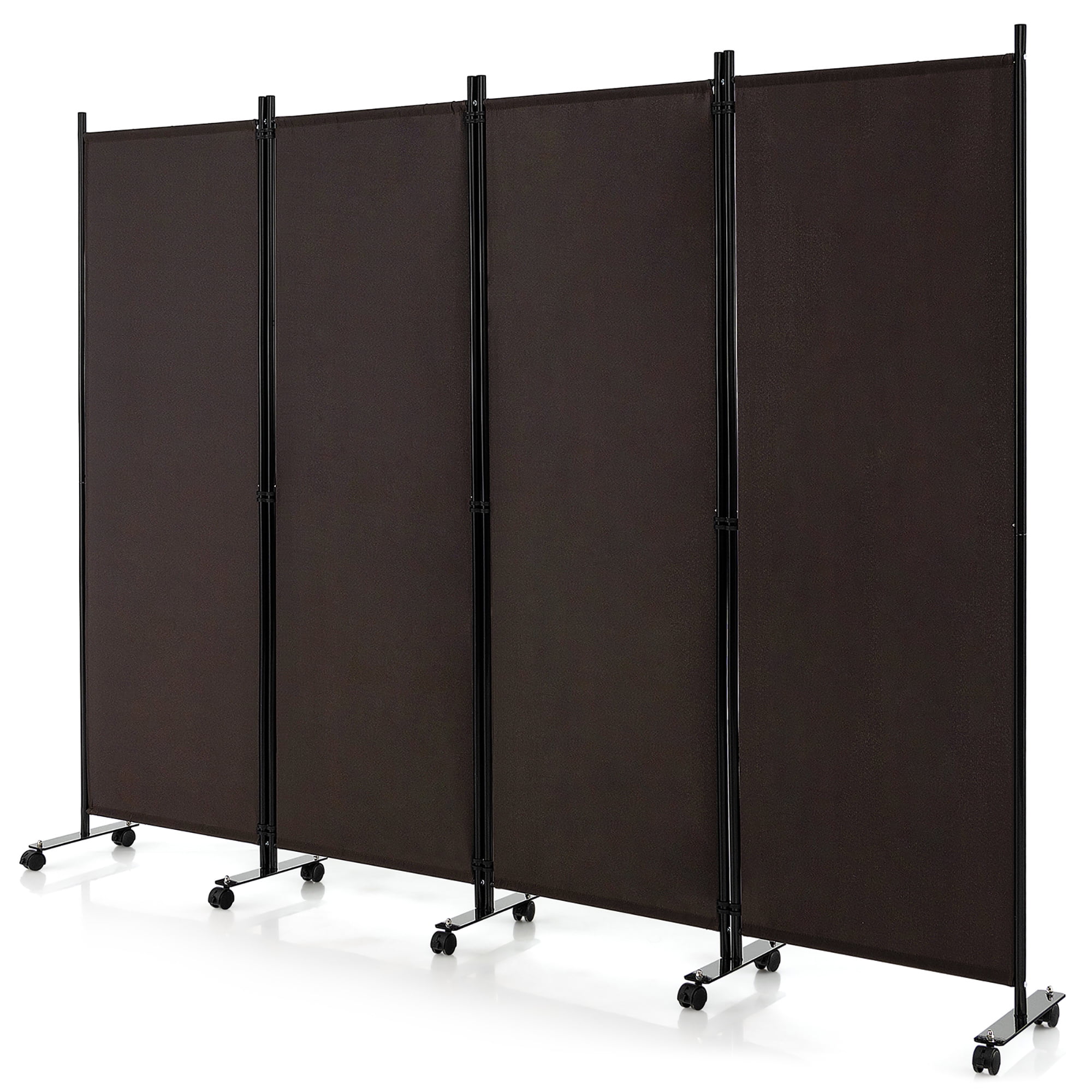 Brown Metal and Polyester 4-Panel Folding Room Divider with Wheels