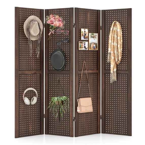 Costway 4-Panel Pegboard Display 5 FT Folding Privacy Screen with Solid Wood Frame Brown