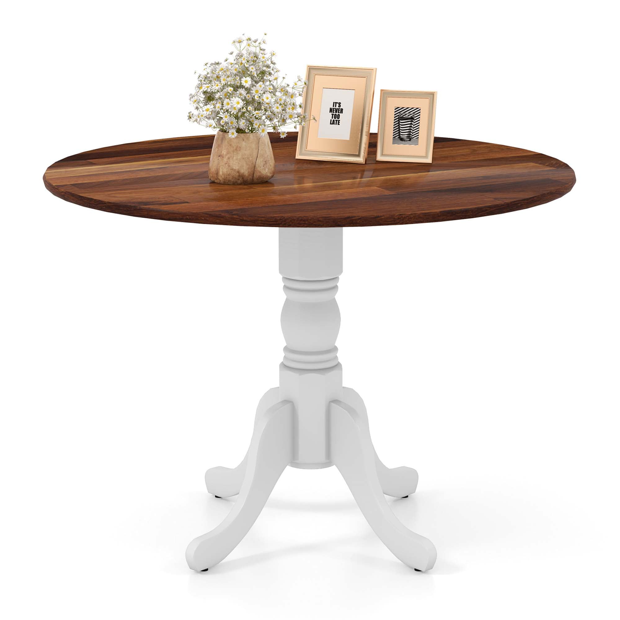 Costway 4-Person Dining Table Wooden Kitchen Table with Solid Rubber Wood Frame for Kitchen White&Walnut