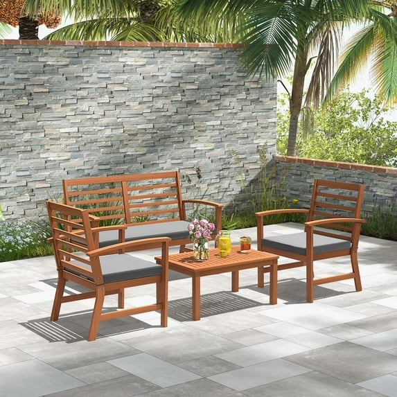 Costway 4 Piece Acacia Wood Outdoor Patio Bar Set, Natural/Grey