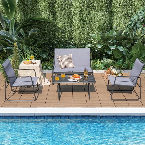 Costway 4-Piece Metal Patio Furniture Chat Set, Outdoor Conversation Table, Black