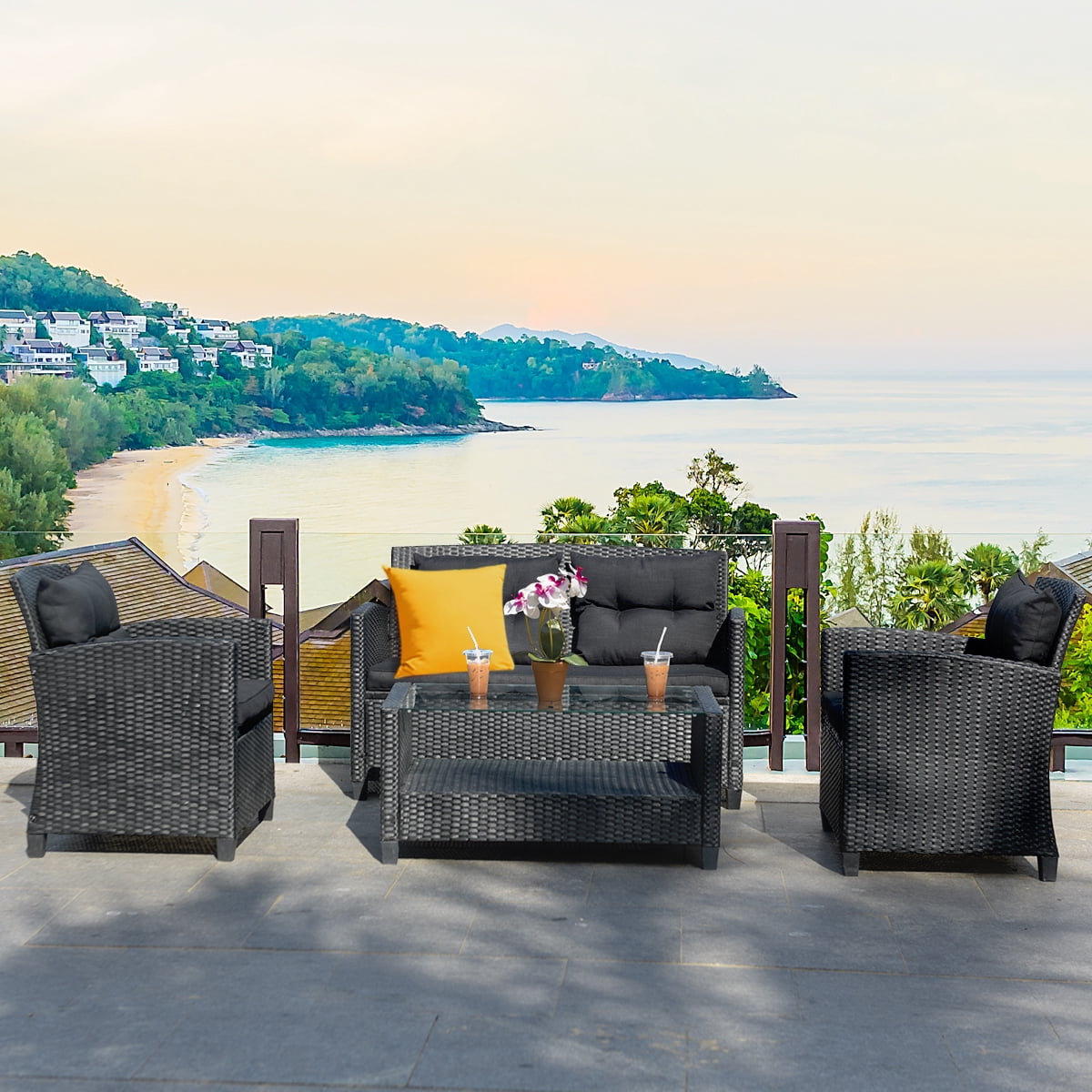 Costway 4-Piece Patio Rattan Wicker Conversation Furniture Set Soft ...