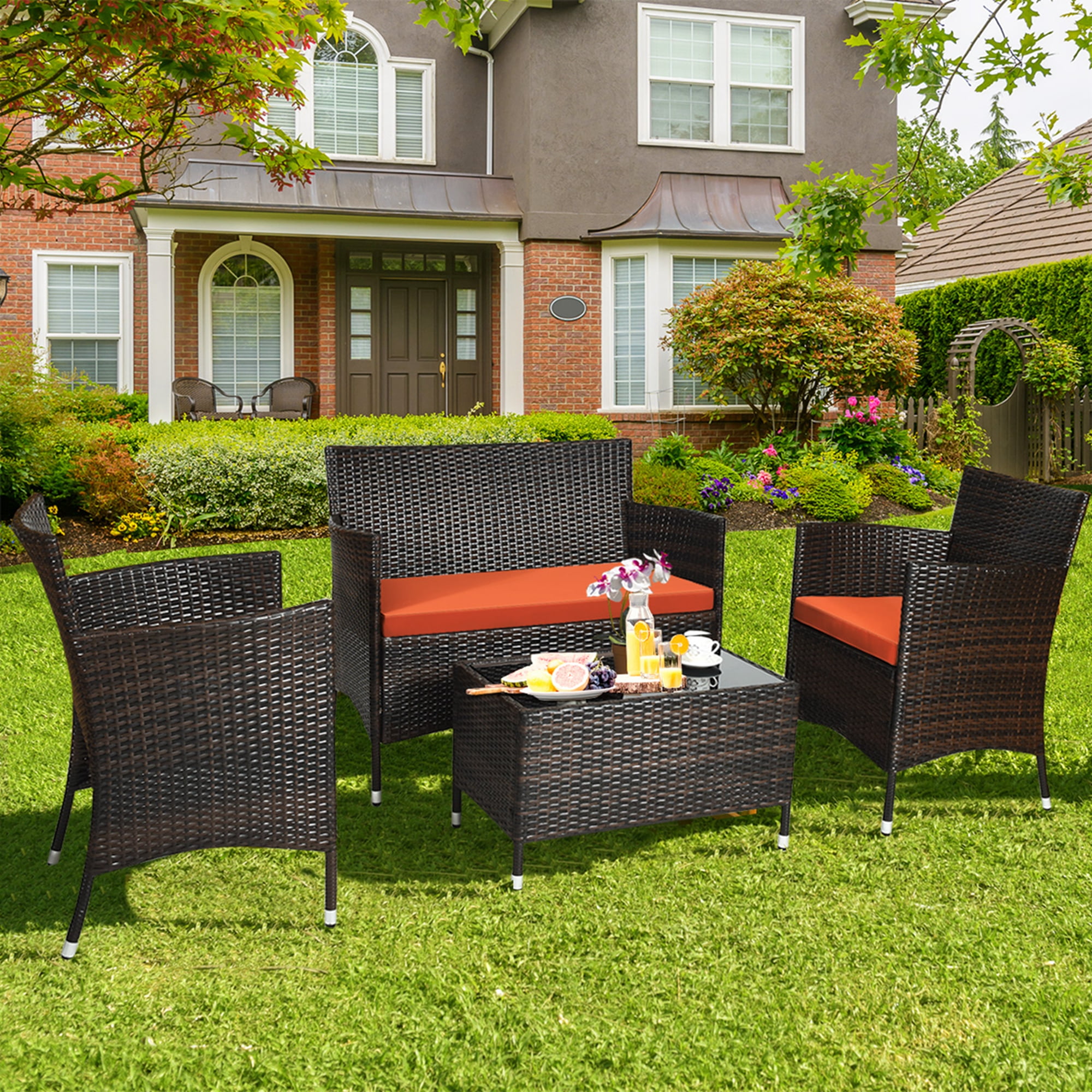 The Coupon deal of  Costway Heavy Duty Outdoor 4PCS Rattan Patio Furniture Set with Cushioned Sofa Chair and Coffee Table in Orange