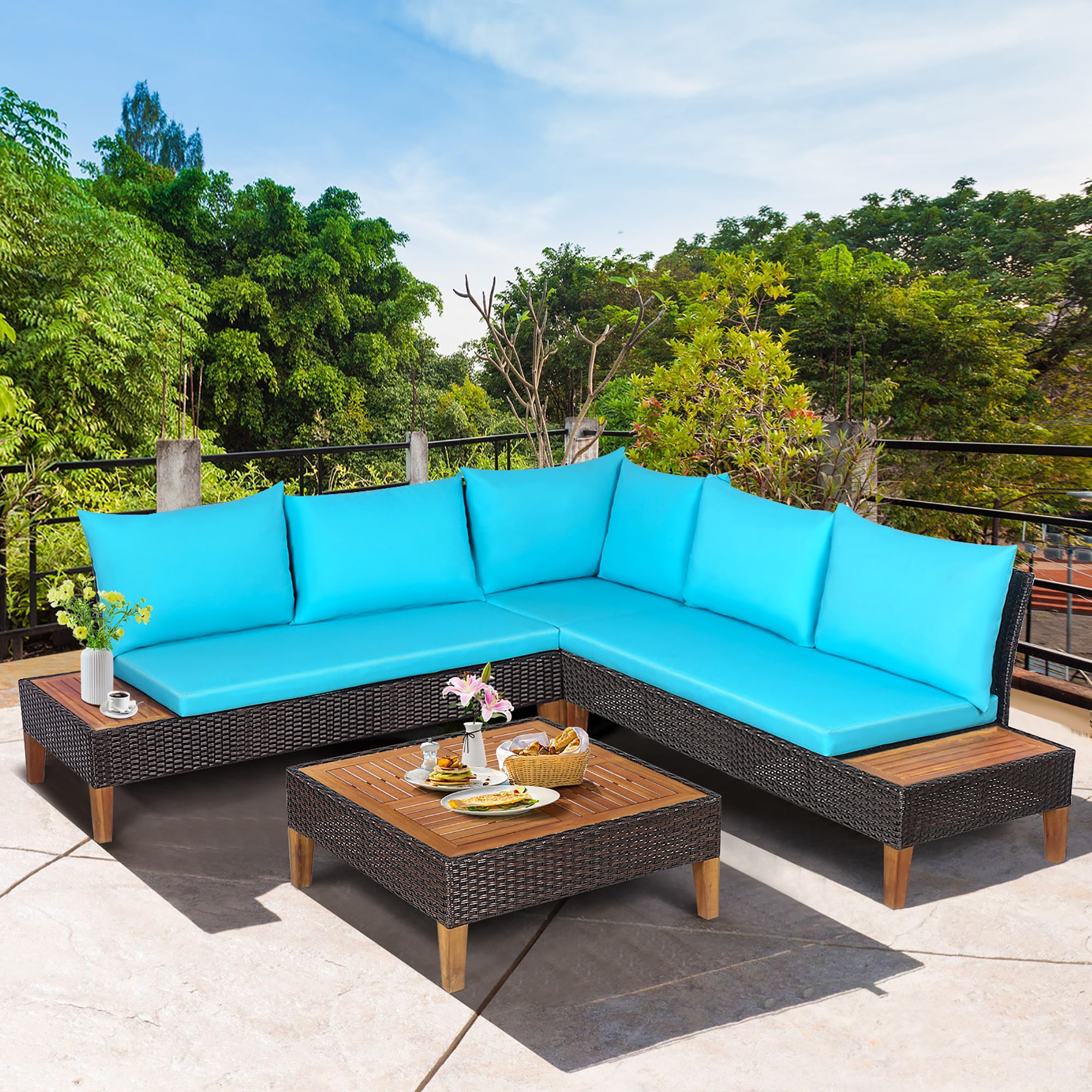 Turquoise Acacia Wood and Rattan 4-Person Patio Conversation Set