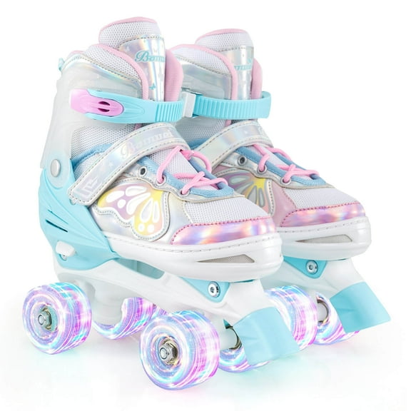 Costway 4 Sizes Adjustable Quad Skates with Light-up Wheels Safety Protection for Ages 13+ Blue