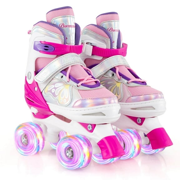 Costway 4 Sizes Adjustable Quad Skates with Light-up Wheels Safety Protection for Ages 13+ Rose Red