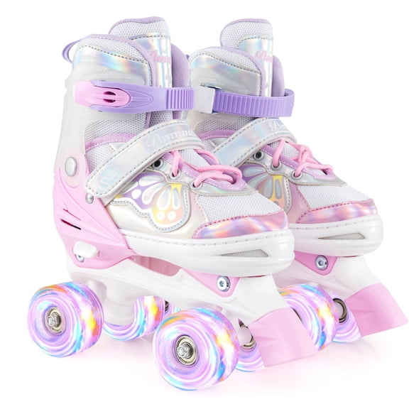 Costway 4 Sizes Adjustable Quad Skates with Light-up Wheels Safety Protection for Ages 8-13 Pink