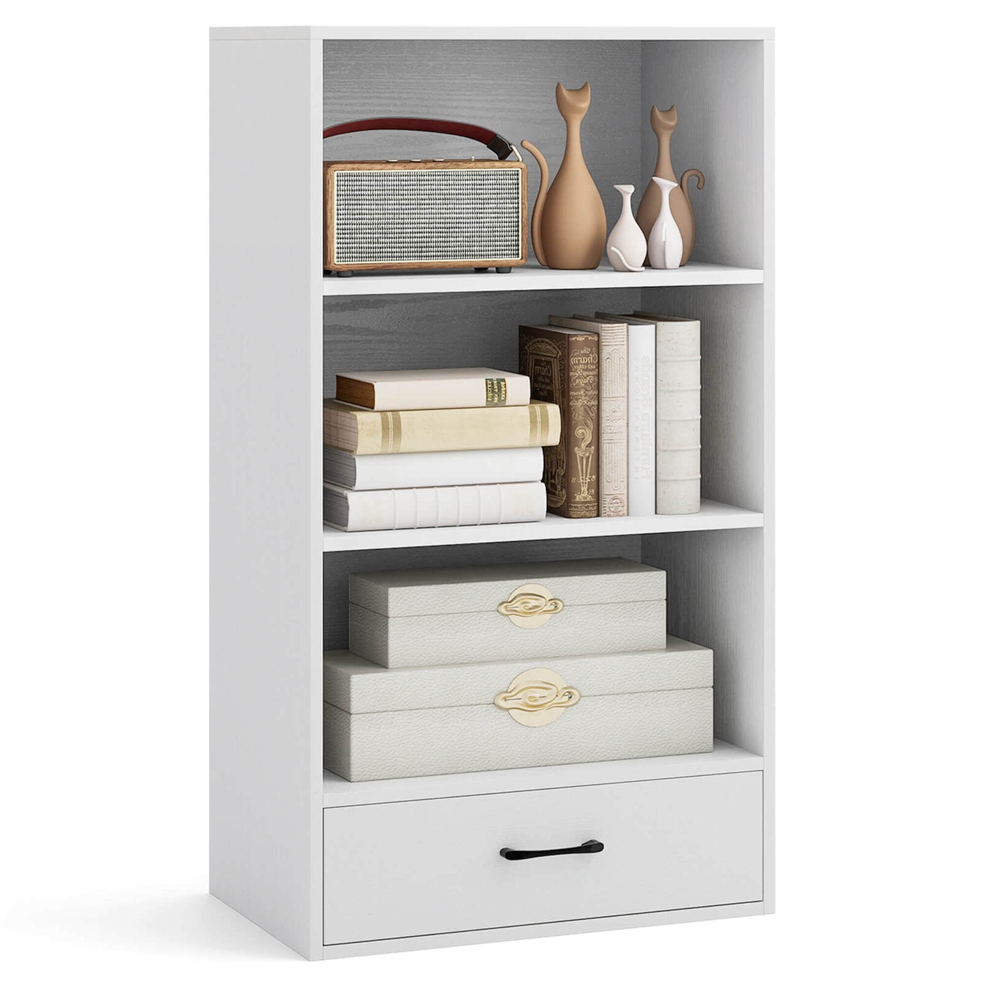 Costway 42'' Tall 4-tier Storage Shelf Wood Bookcase with Drawer Home Organizer Display Rack White