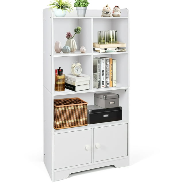 Costway 4-Tier Bookshelf 2-Door Storage Cabinet w/4 Cubes Display Shelf for Home Office