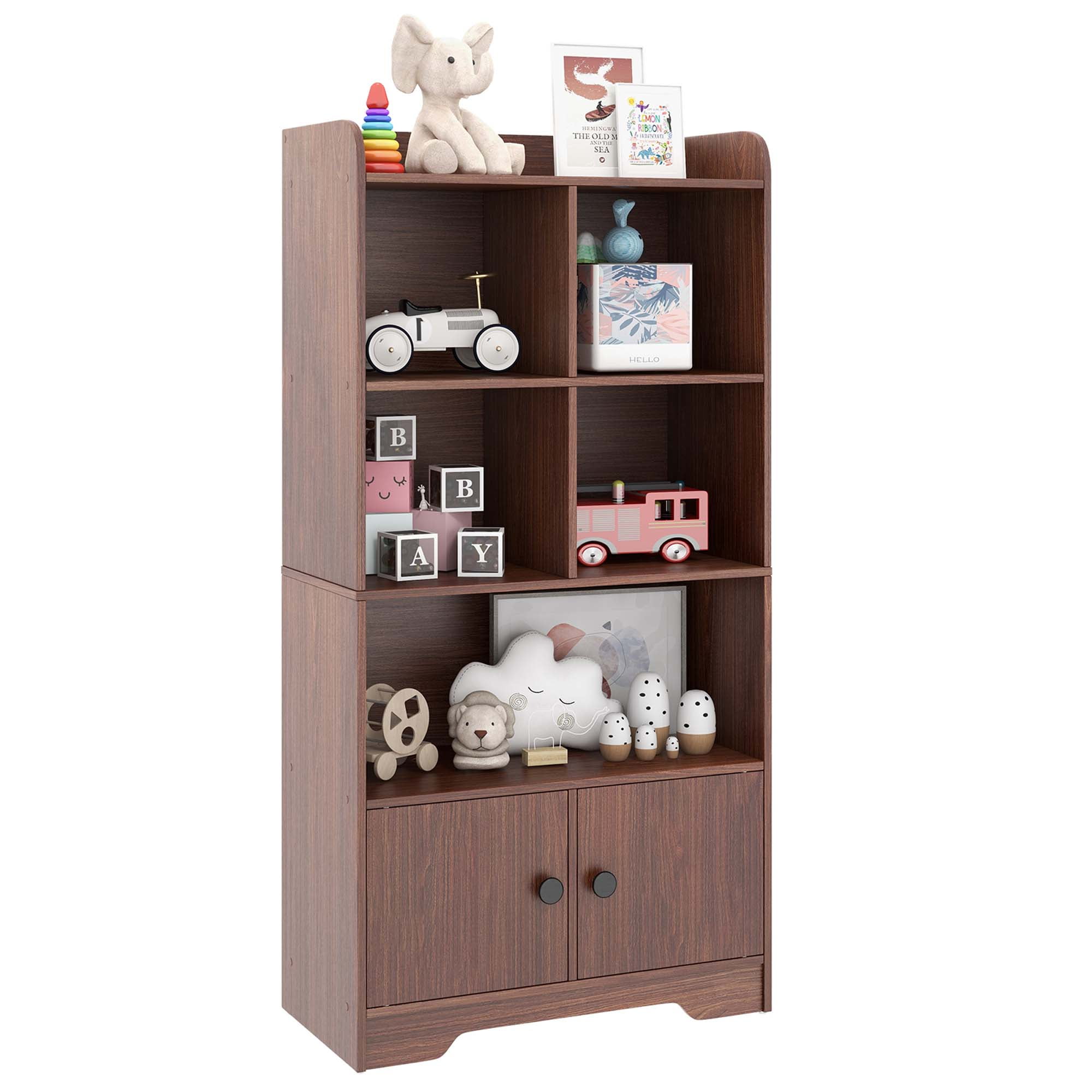 Costway 4Tier Bookshelf 2Door Storage with4 Cubes Display