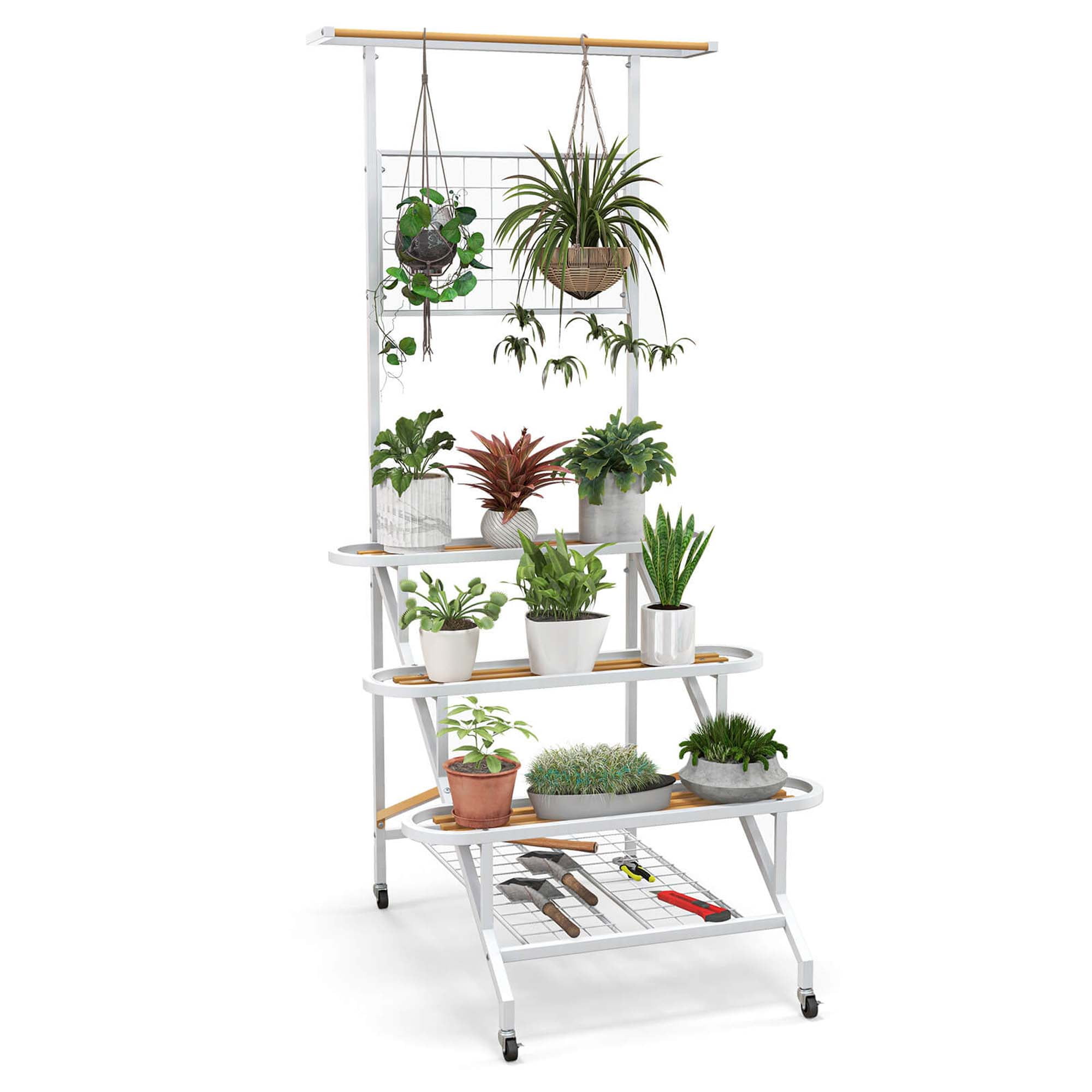 White and Tan Metal 4-Tier Ladder Plant Stand with Trellis
