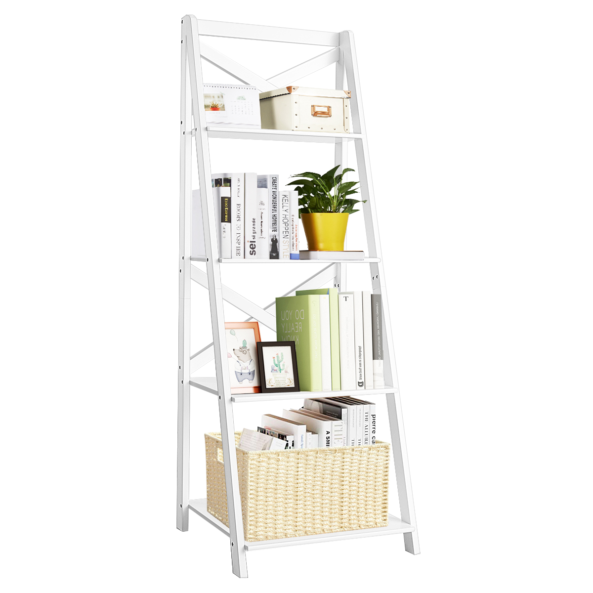 Zimtown 4 Tier Metal Leaning Ladder Shelf Bookcase Bookshelf Storage