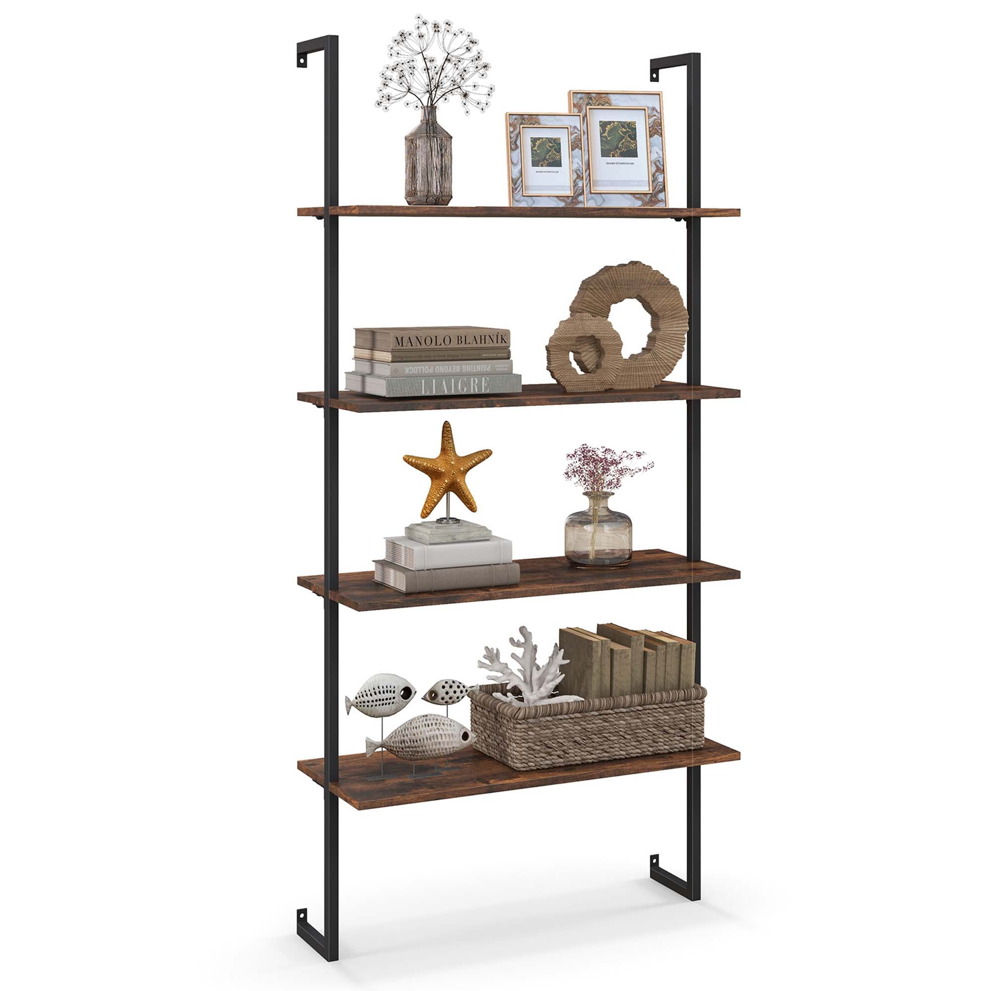Rustic Brown 4-Tier MDF and Metal Ladder Bookshelf