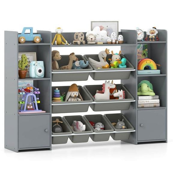 Costway 4-Tier Large Storage Cabinet with 6 Cubbies & 8 Removable Bins Bookshelf Gray