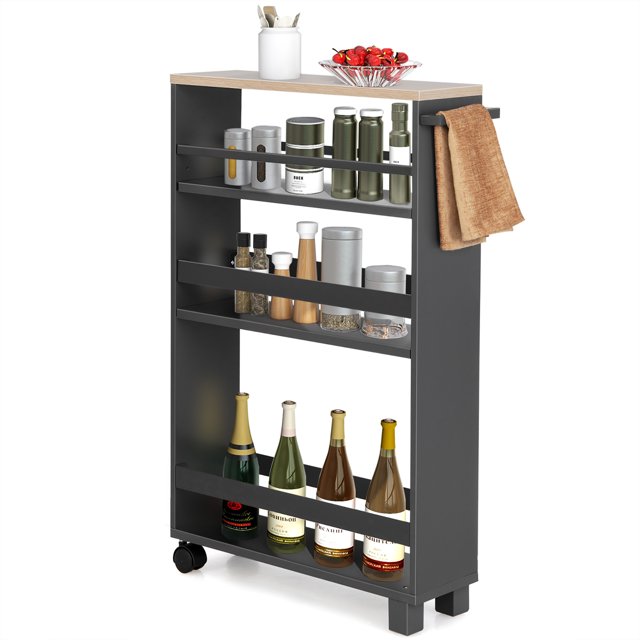 Costway 4Tier Slim Kitchen Storage Cart Narrow Slide Out Trolley Adjustable Shelf Grey