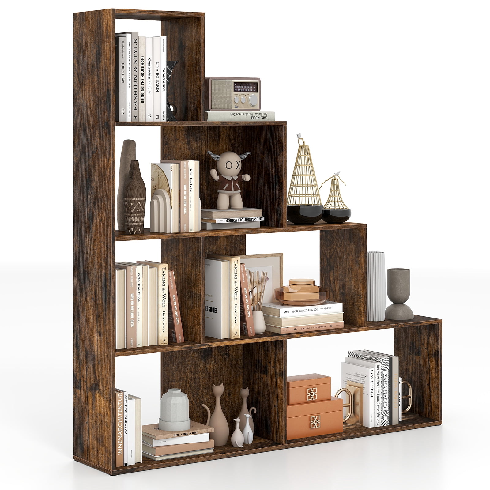 Costway 4-Tier Stepped Bookshelf with 6 Cubes, 64” Tall Organizer with Anti-Tipping Kits Rustic Brown