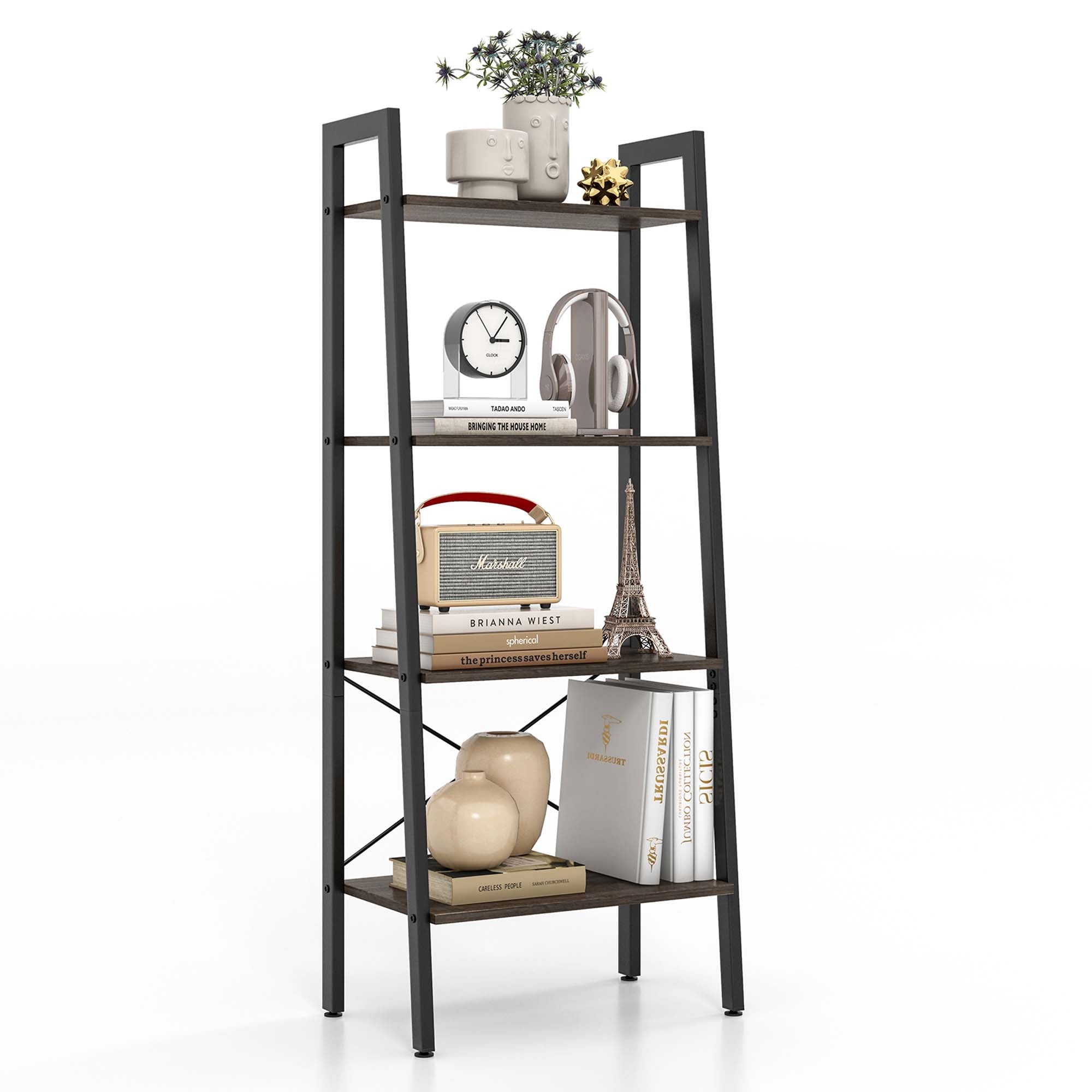 Costway 4 Tier Wood Ladder Shelf Ladder Bookcase Bookshelf Display Rack Dark Grey