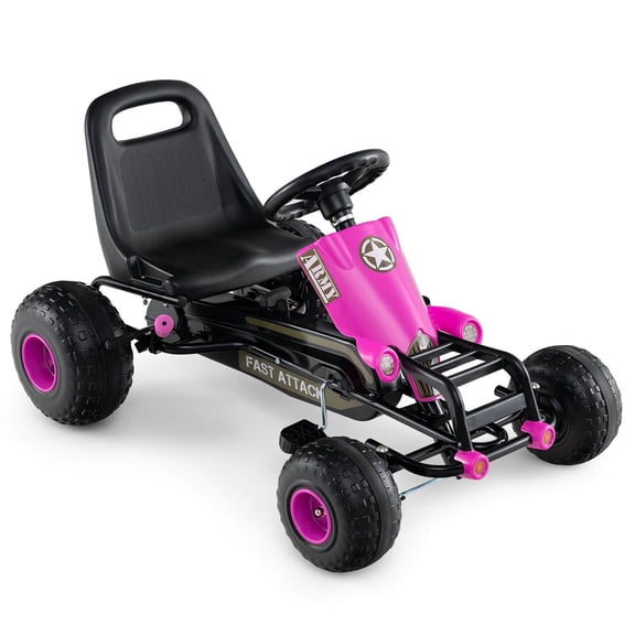 Costway 4-Wheel Pedal Go Kart with Safety Hand Brake, Steering Wheel and Adjustable Seat Pink