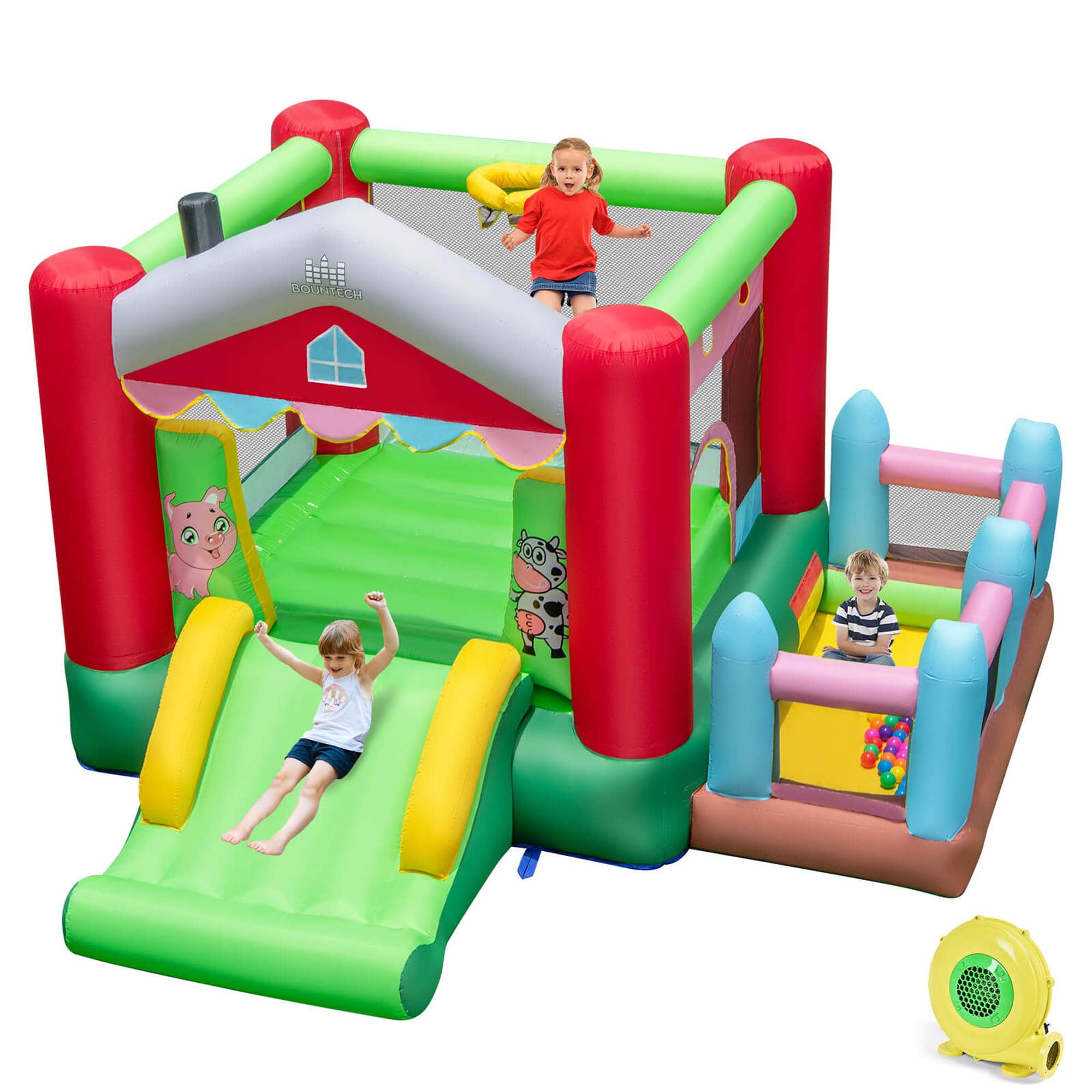 Costway 4-in-1 Farm Themed Inflatable Bounce House with Slide Ball Pit \u0026 Basketball Hoop