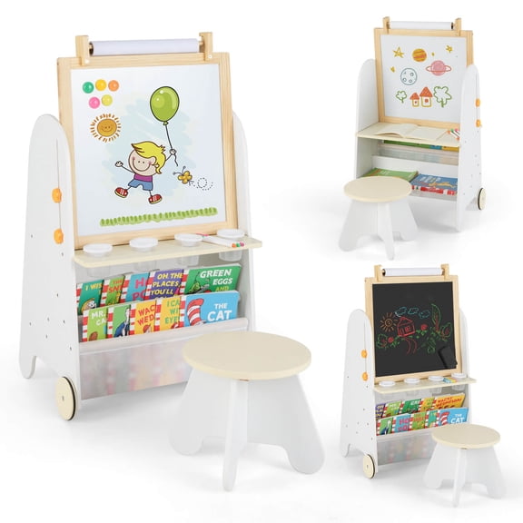 Costway 4-in-1 Kids Art Easel with Stool with Magnetic Whiteboard Chalkboard & Paper Roll
